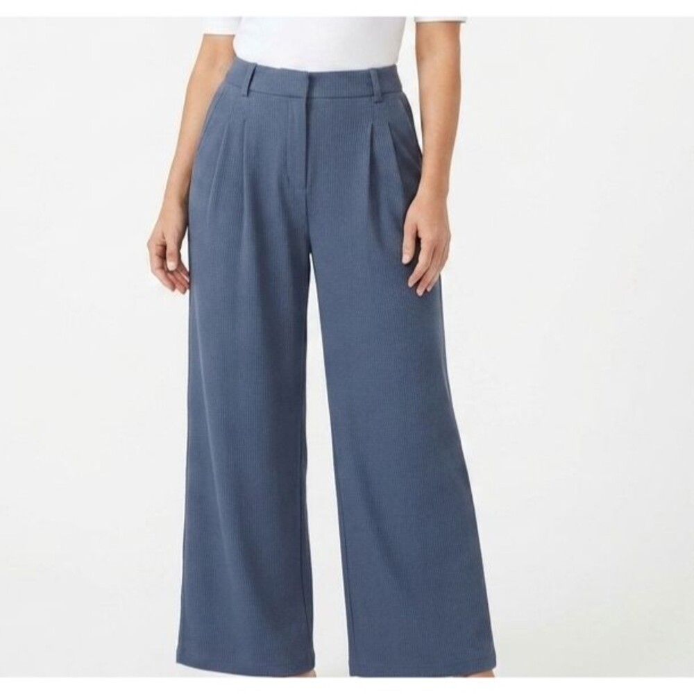 Halara Waffle Wide Leg Work Pants 2X Petite EUC High Waist Pleated Pockets Blue